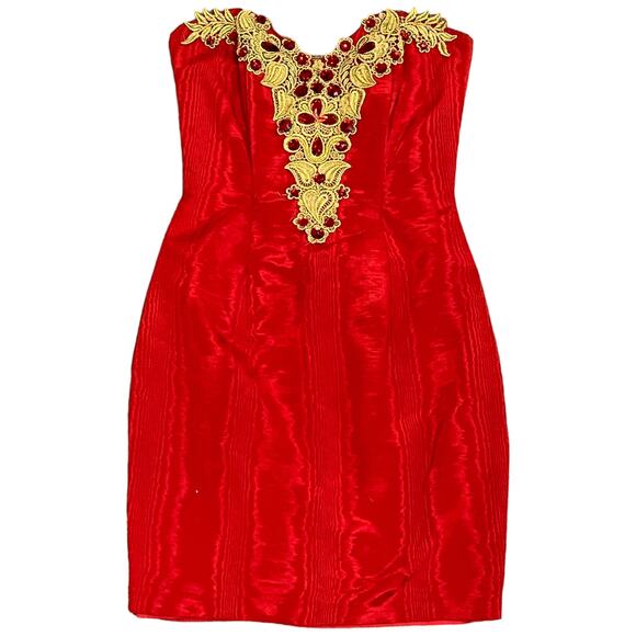 Jessica McClintock Gunne Sax Red Strapless Mini Dress with Gold Lace - Size 3/4 - Picture 9 of 16